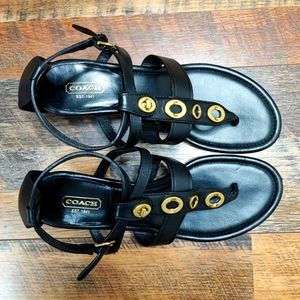 Coach Vicky Wedge Black Leather Sandals Cognac Size 10